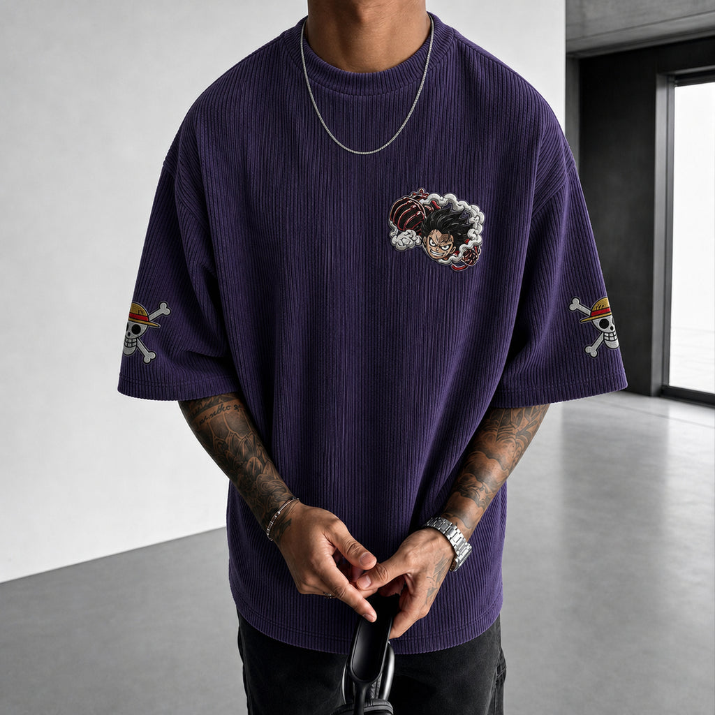 Unisex Oversized Anime-Print Vertical-Stripe Short-Sleeve T-Shirt