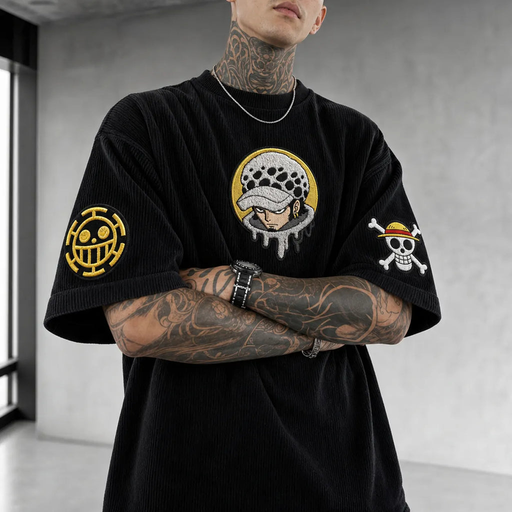Unisex Anime-Style Retro Corduroy Oversized T-Shirt