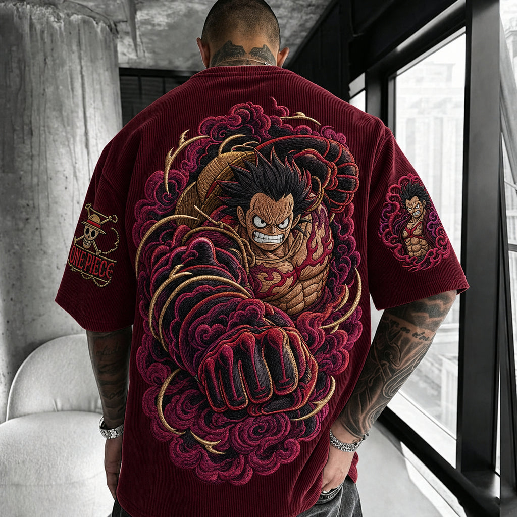Unisex Anime-Style Retro Corduroy Oversized T-Shirt