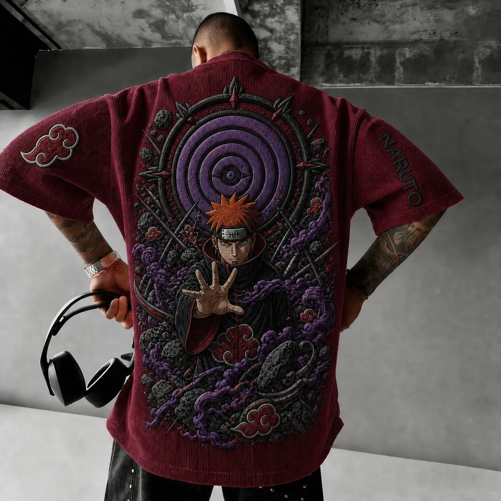 Unisex Anime-Style Retro Corduroy Oversized T-Shirt