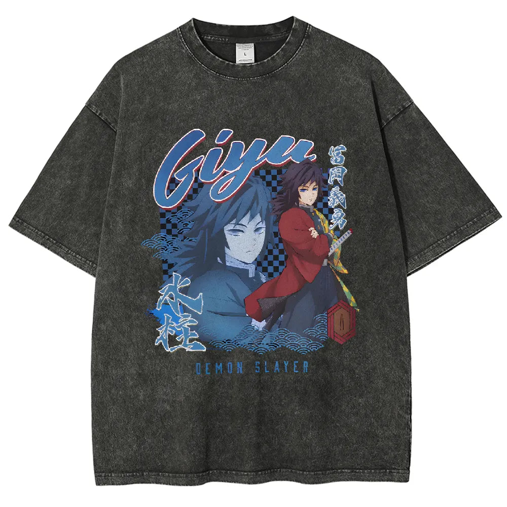 KNY Kimetsu No Yaiba Giyu Tomioka Checkered Vintage washed T-Shirt