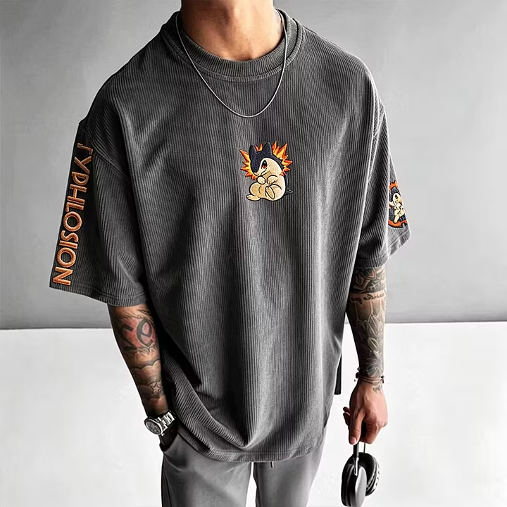 Anime-Inspired Vintage Waffle Knit T-Shirt