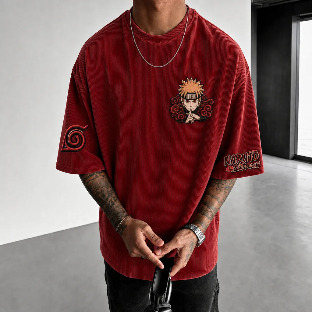 Unisex Anime-Style Retro Corduroy Oversized T-Shirt