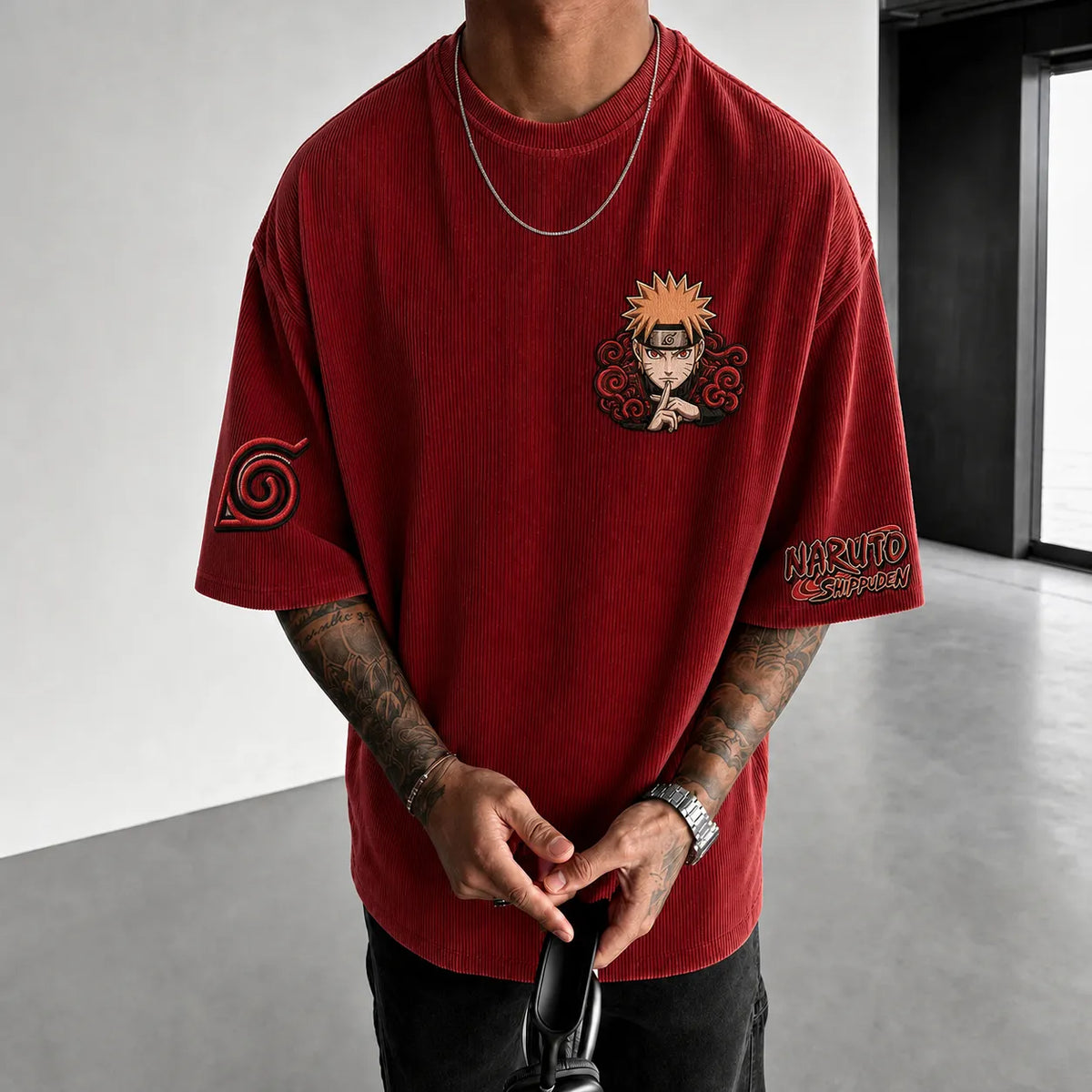 Unisex Anime-Style Retro Corduroy Oversized T-Shirt
