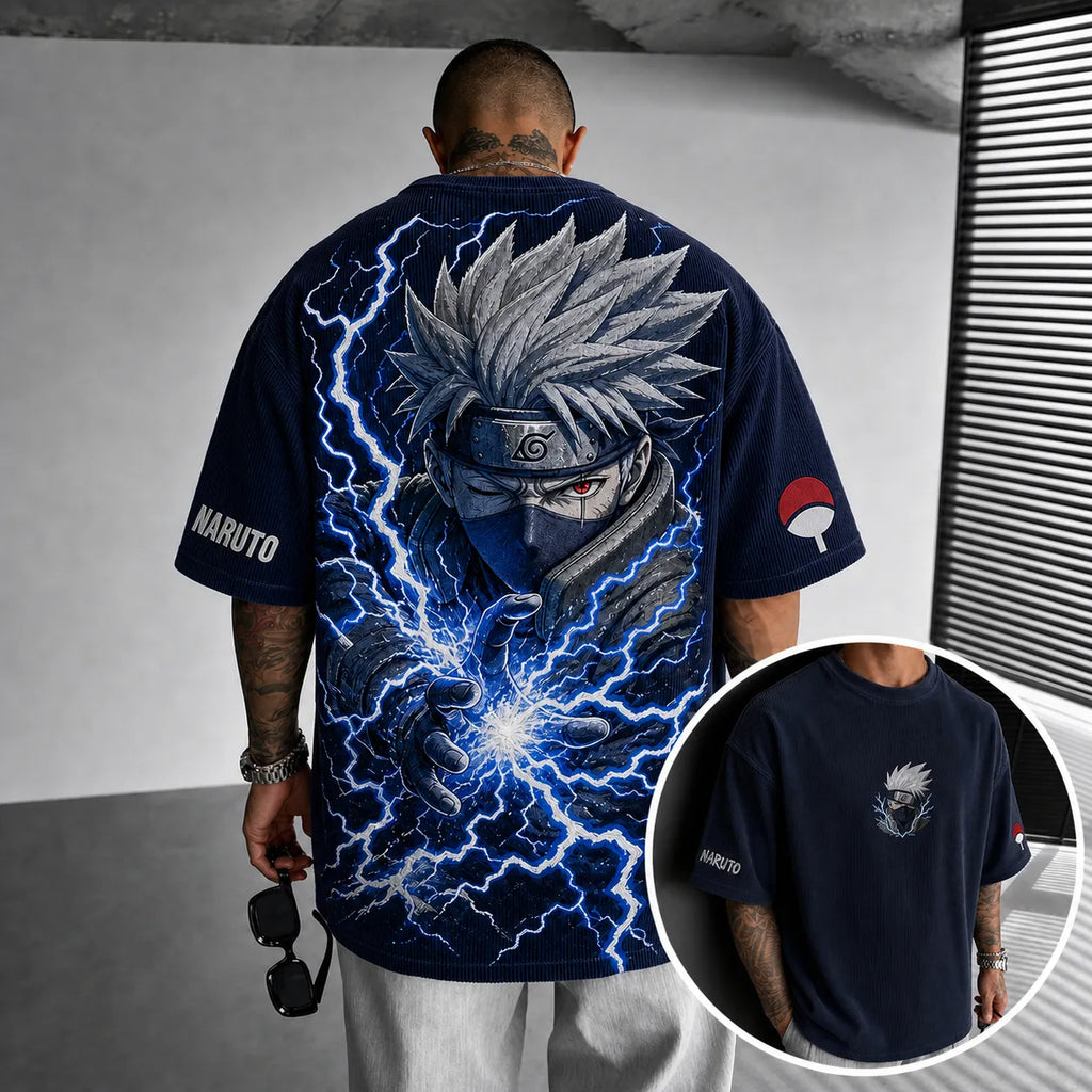 Unisex Anime-Style Retro Corduroy Oversized T-Shirt