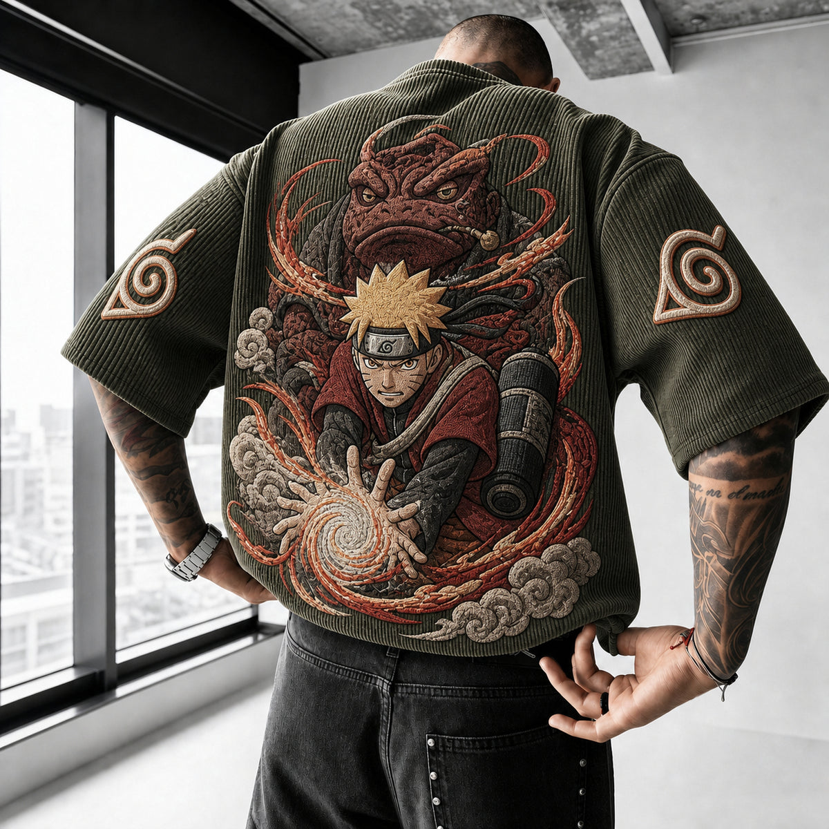 Unisex Oversized Anime-Print Vertical-Stripe Short-Sleeve T-Shirt