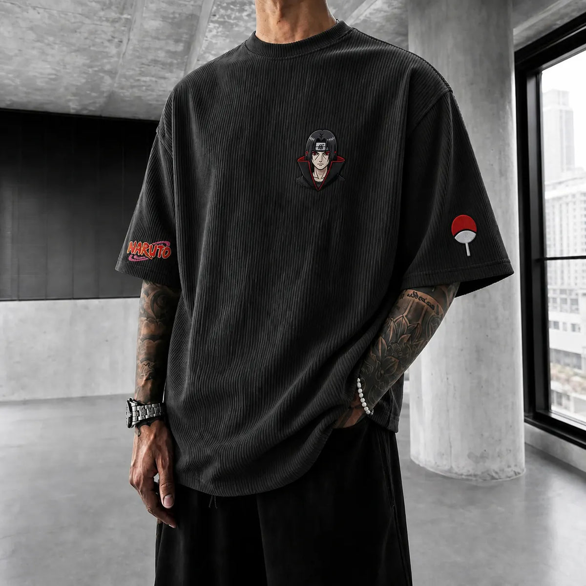 Unisex Anime-Style Retro Corduroy Oversized T-Shirt