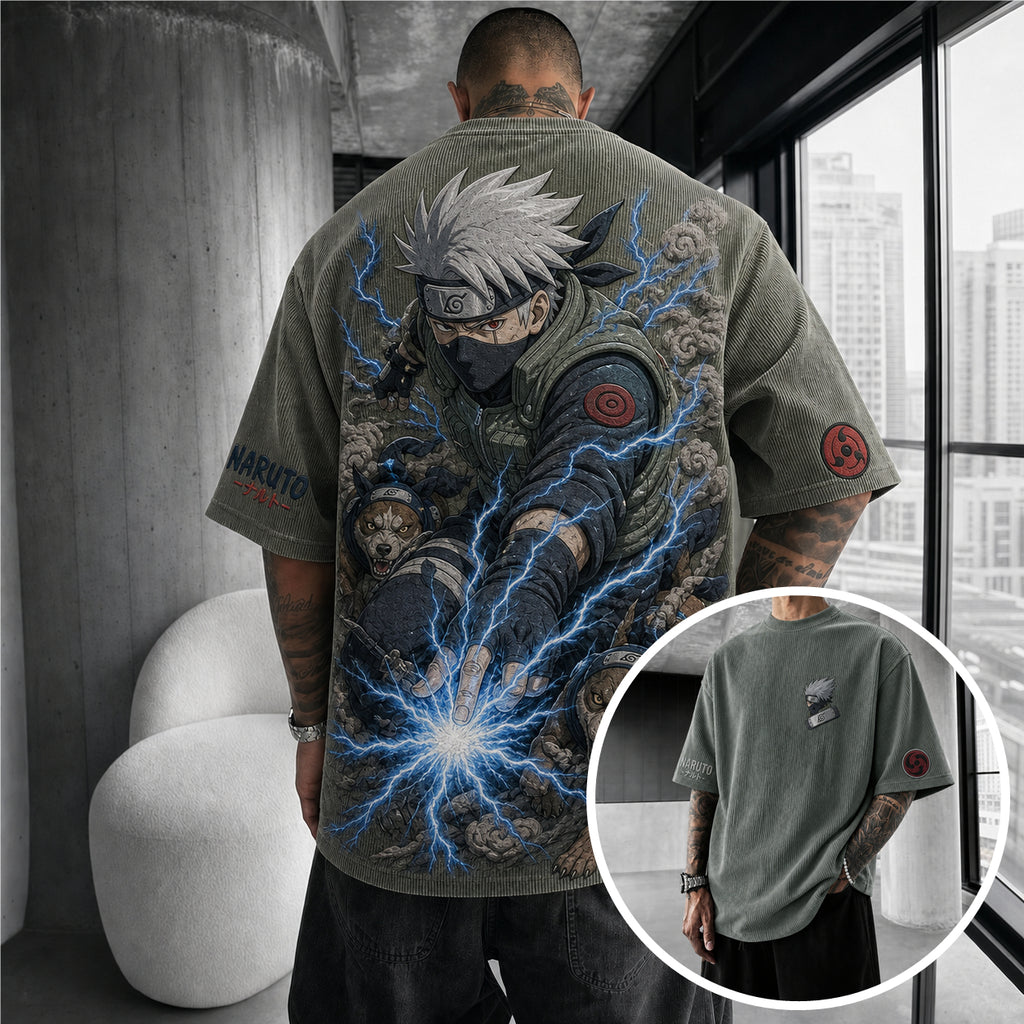 Unisex Anime-Style Retro Corduroy Oversized T-Shirt