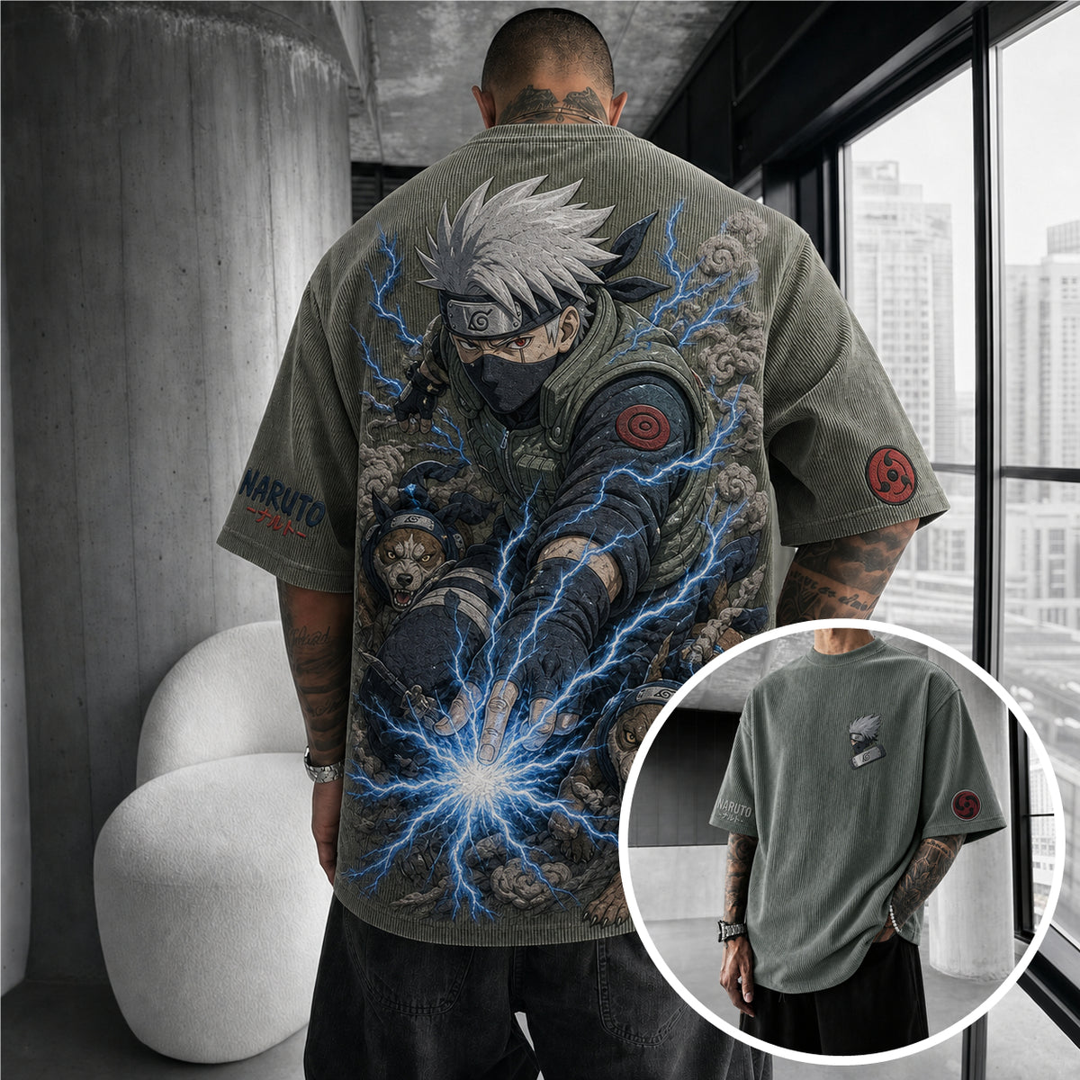 Unisex Anime-Style Retro Corduroy Oversized T-Shirt
