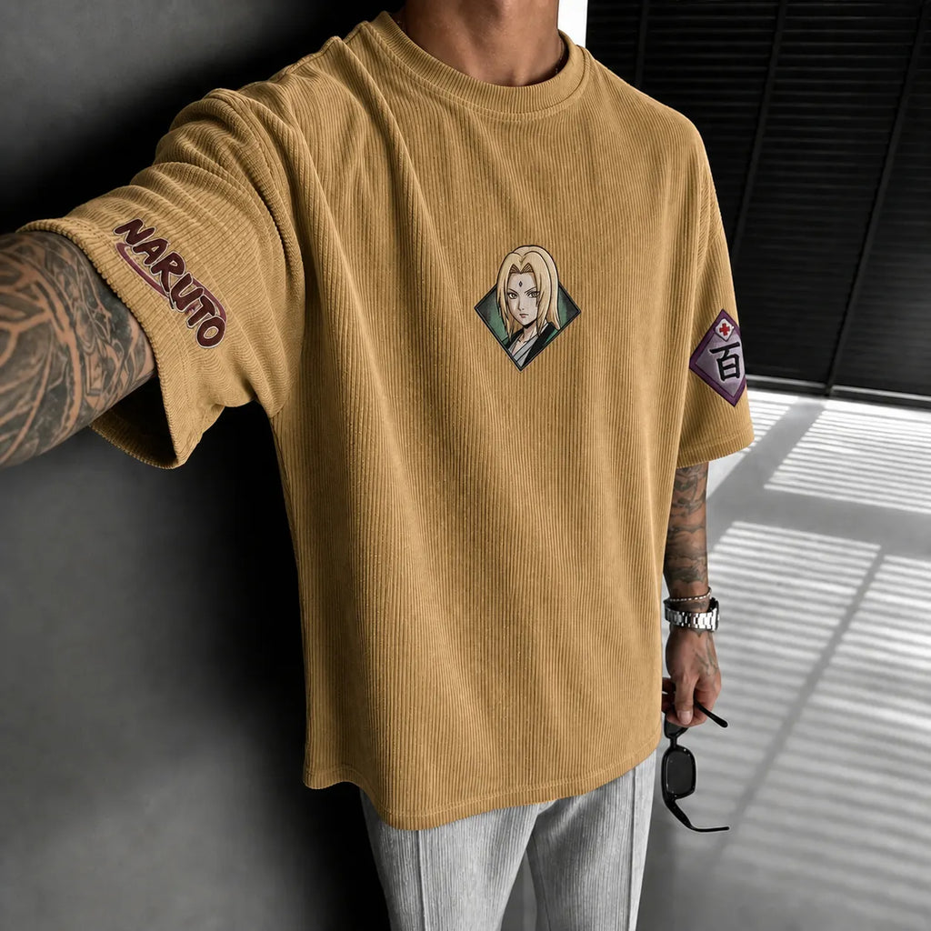 Unisex Anime-Style Retro Corduroy Oversized T-Shirt