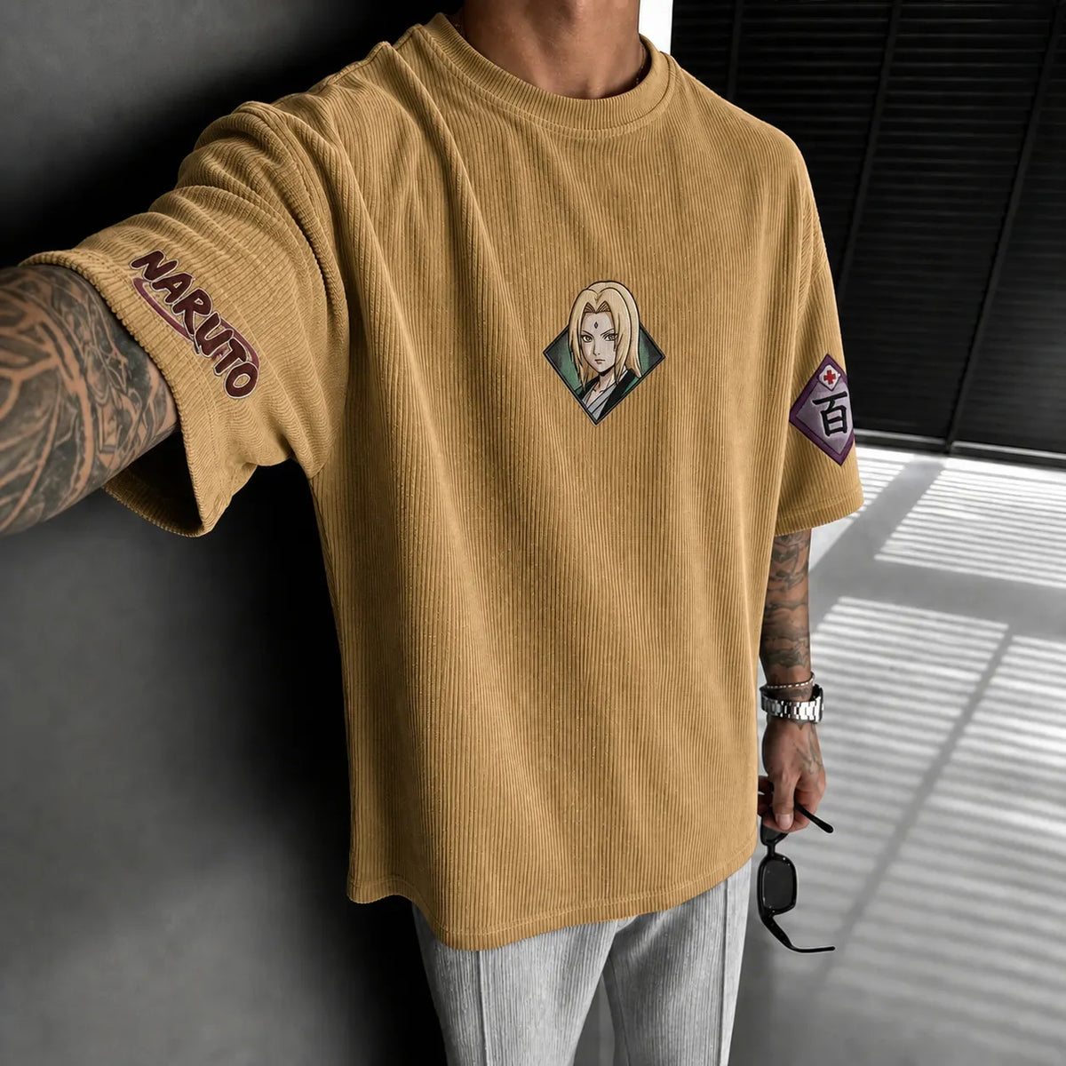 Unisex Anime-Style Retro Corduroy Oversized T-Shirt