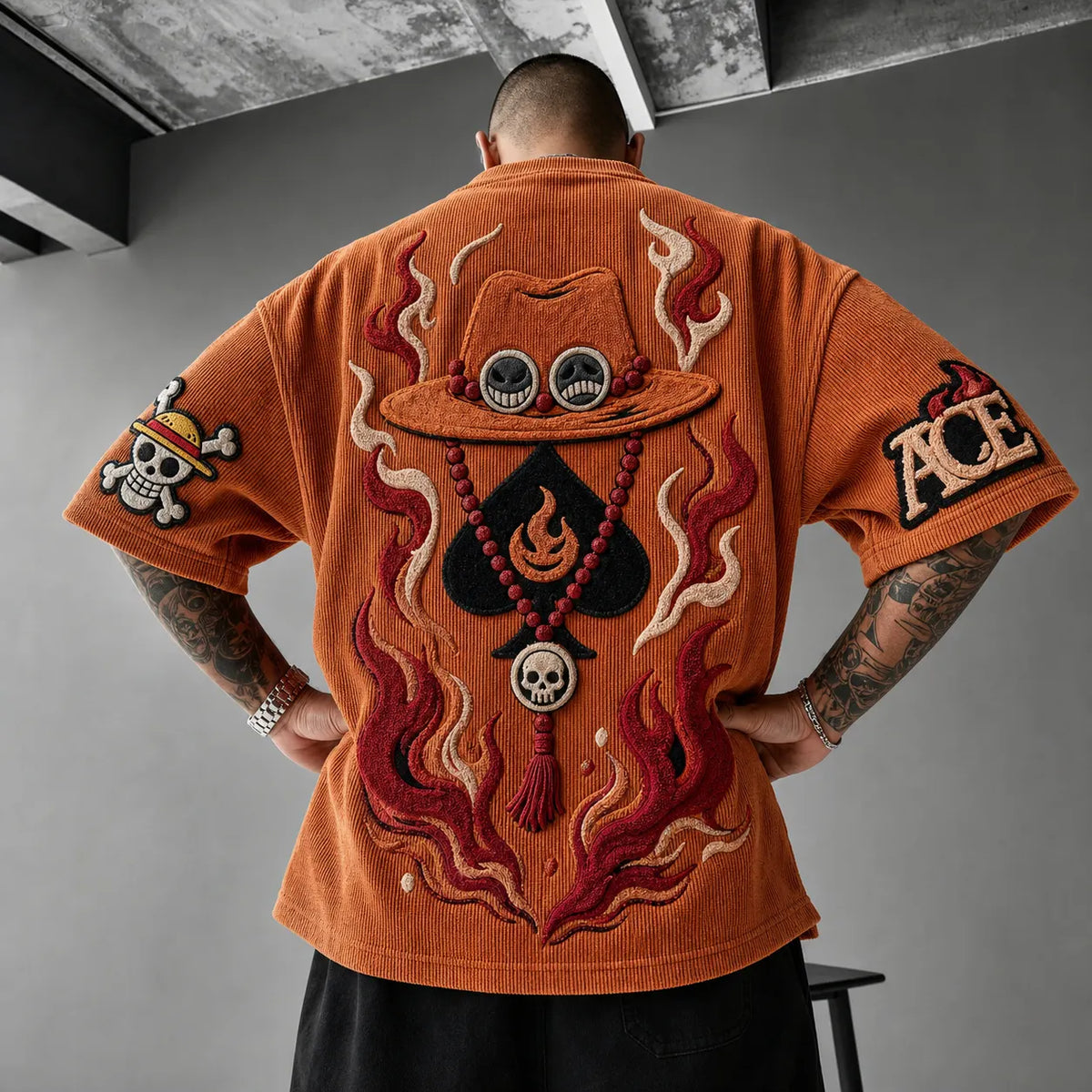 Unisex Anime-Style Retro Corduroy Oversized T-Shirt