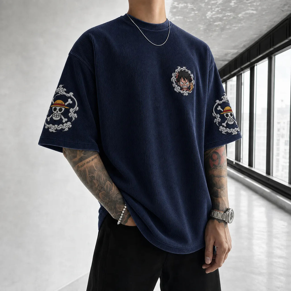 Unisex Oversized Anime-Print Vertical-Stripe Short-Sleeve T-Shirt