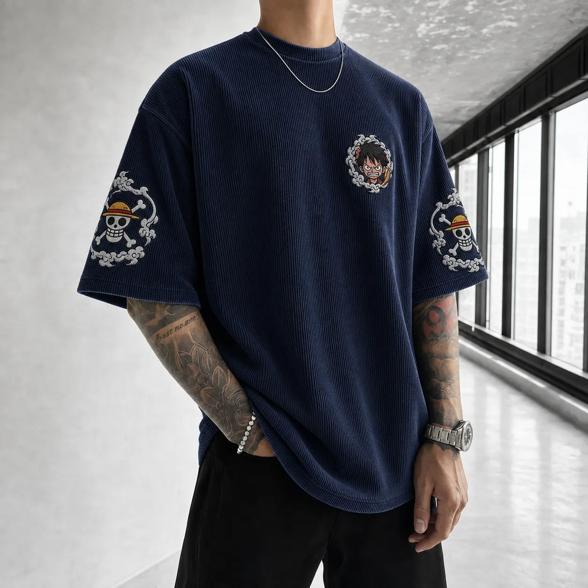 Unisex Oversized Anime-Print Vertical-Stripe Short-Sleeve T-Shirt