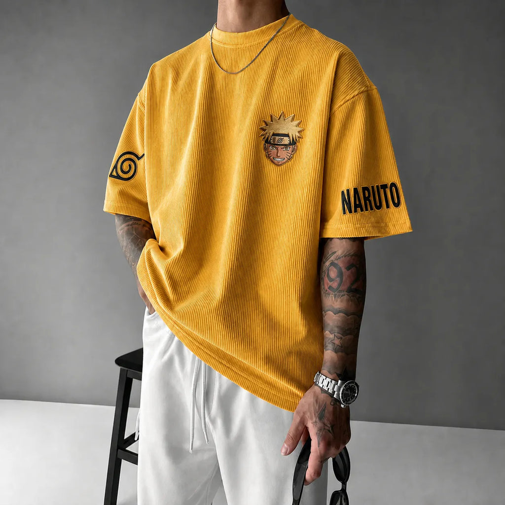 Unisex Anime-Style Retro Corduroy Oversized T-Shirt