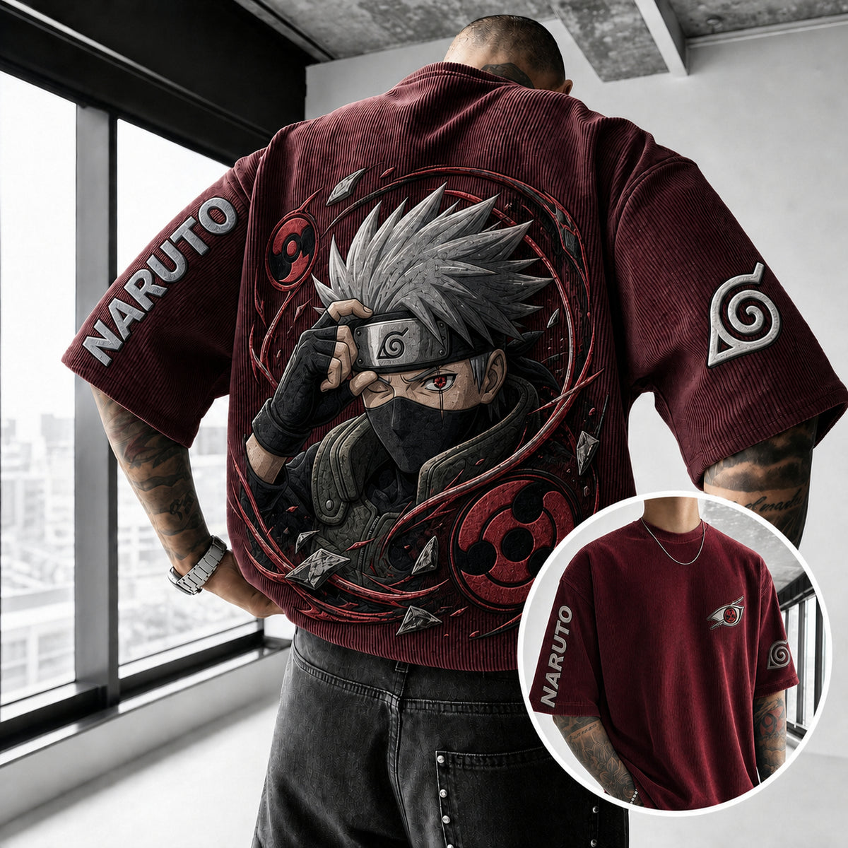 Unisex Anime-Style Retro Corduroy Oversized T-Shirt