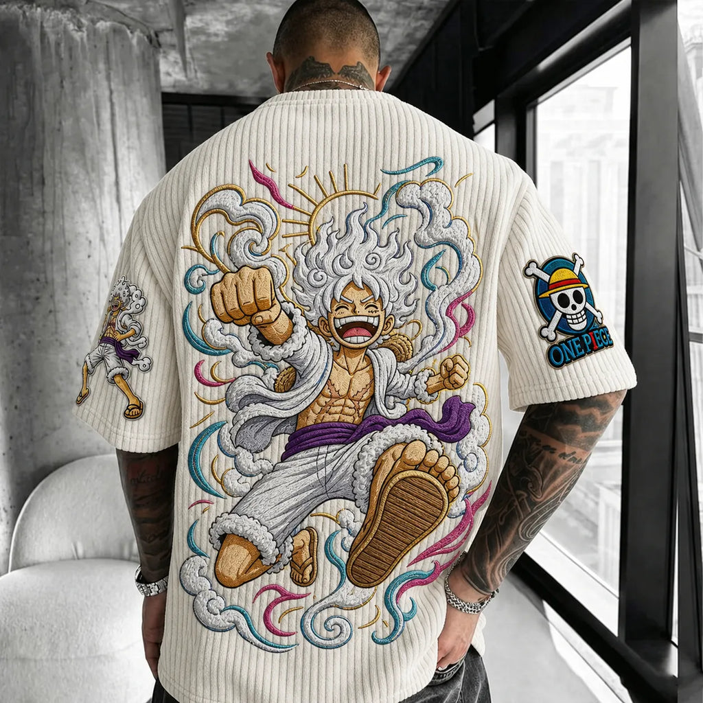 Unisex Anime-Style Retro Corduroy Oversized T-Shirt