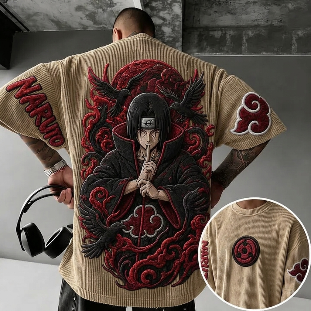 Unisex Anime-Style Retro Corduroy Oversized T-Shirt