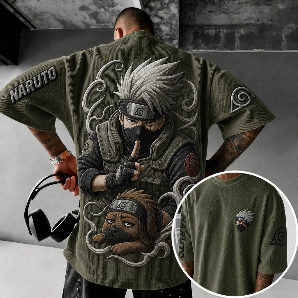 Unisex Anime-Style Retro Corduroy Oversized T-Shirt