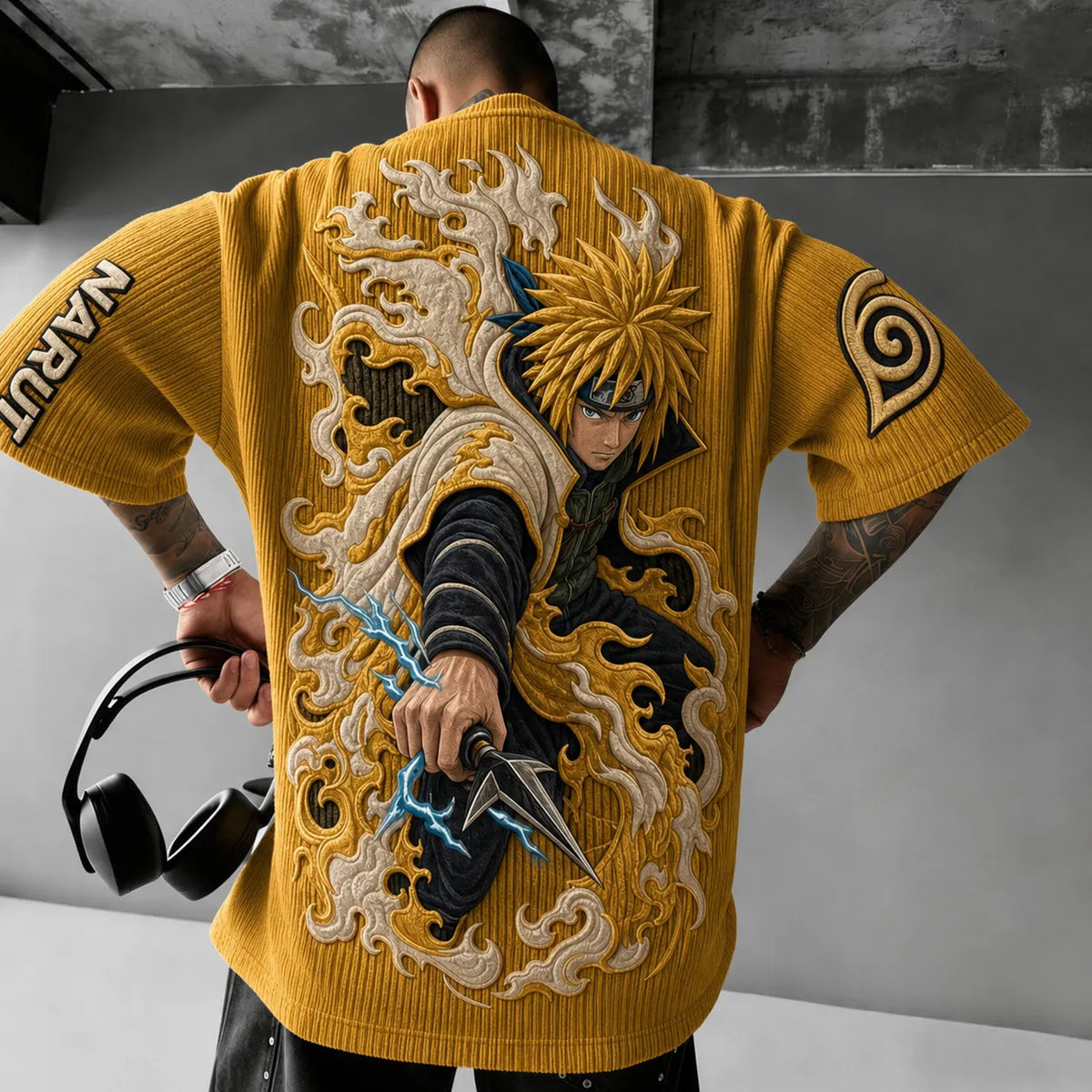 Unisex Anime-Style Retro Corduroy Oversized T-Shirt