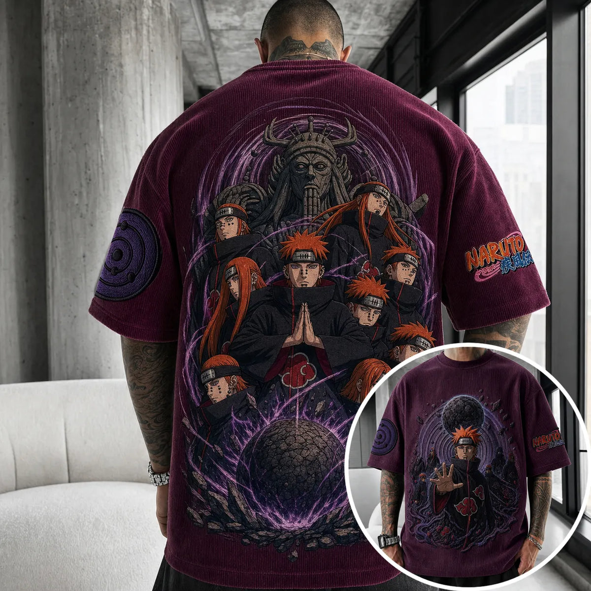Unisex Oversized Anime-Print Vertical-Stripe Short-Sleeve T-Shirt