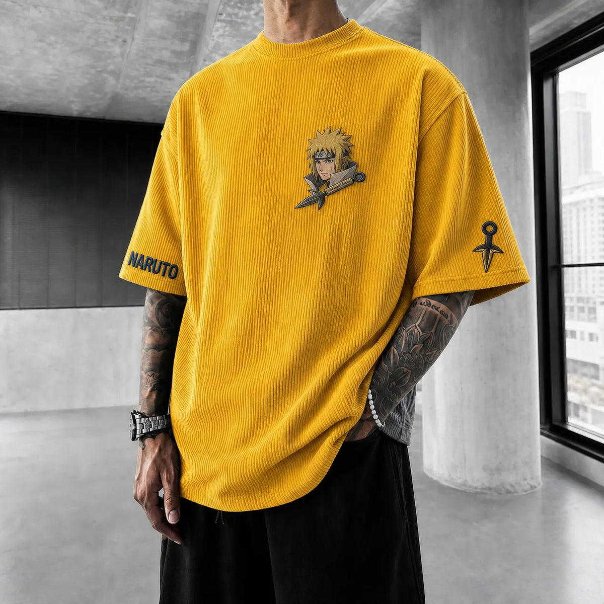 Unisex Anime-Style Retro Corduroy Oversized T-Shirt