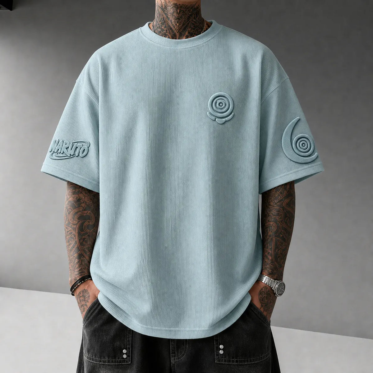 Unisex Anime-Style Retro Corduroy Oversized T-Shirt