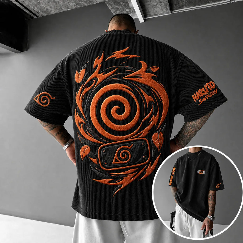 Unisex Anime-Style Retro Corduroy Oversized T-Shirt