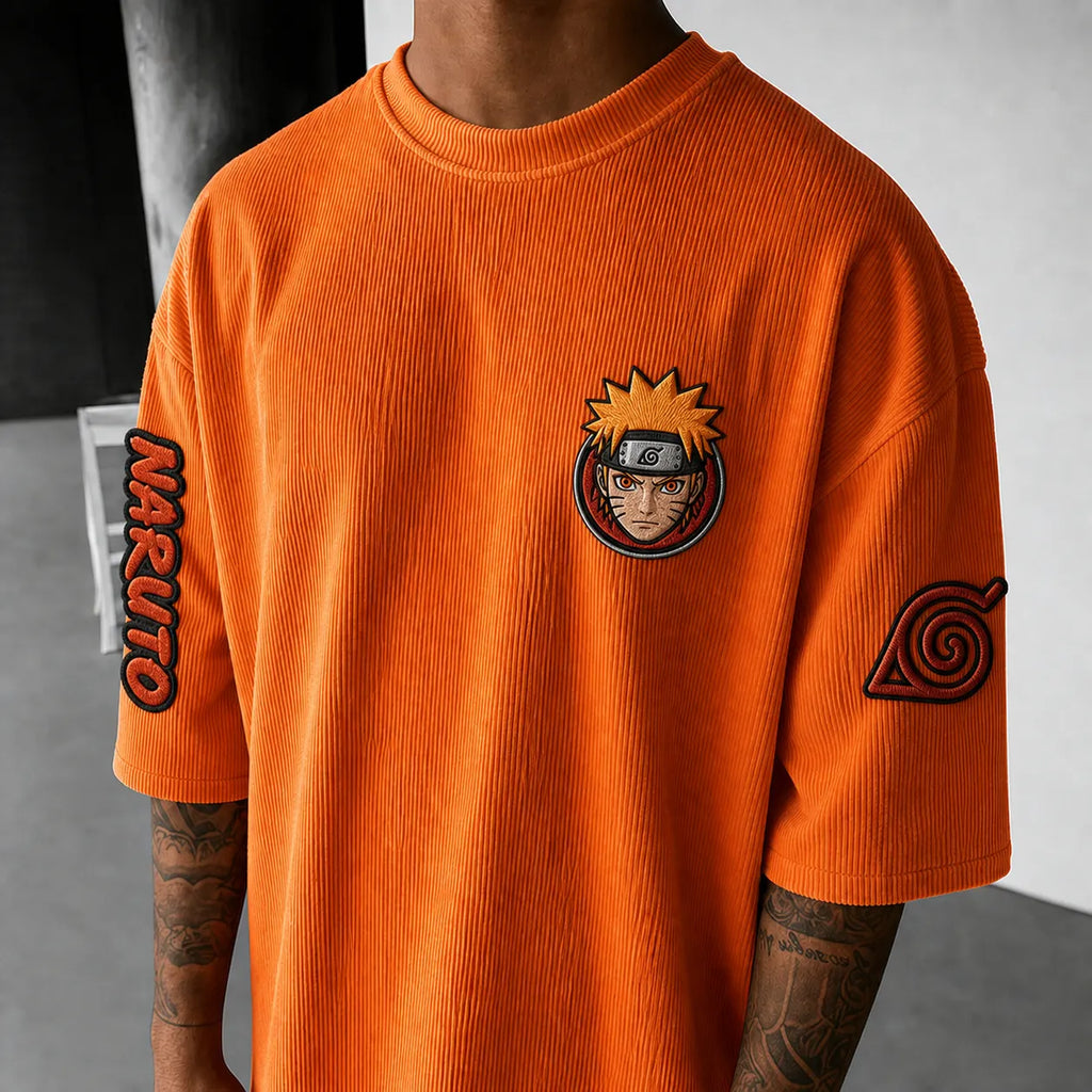 Unisex Anime-Style Retro Corduroy Oversized T-Shirt