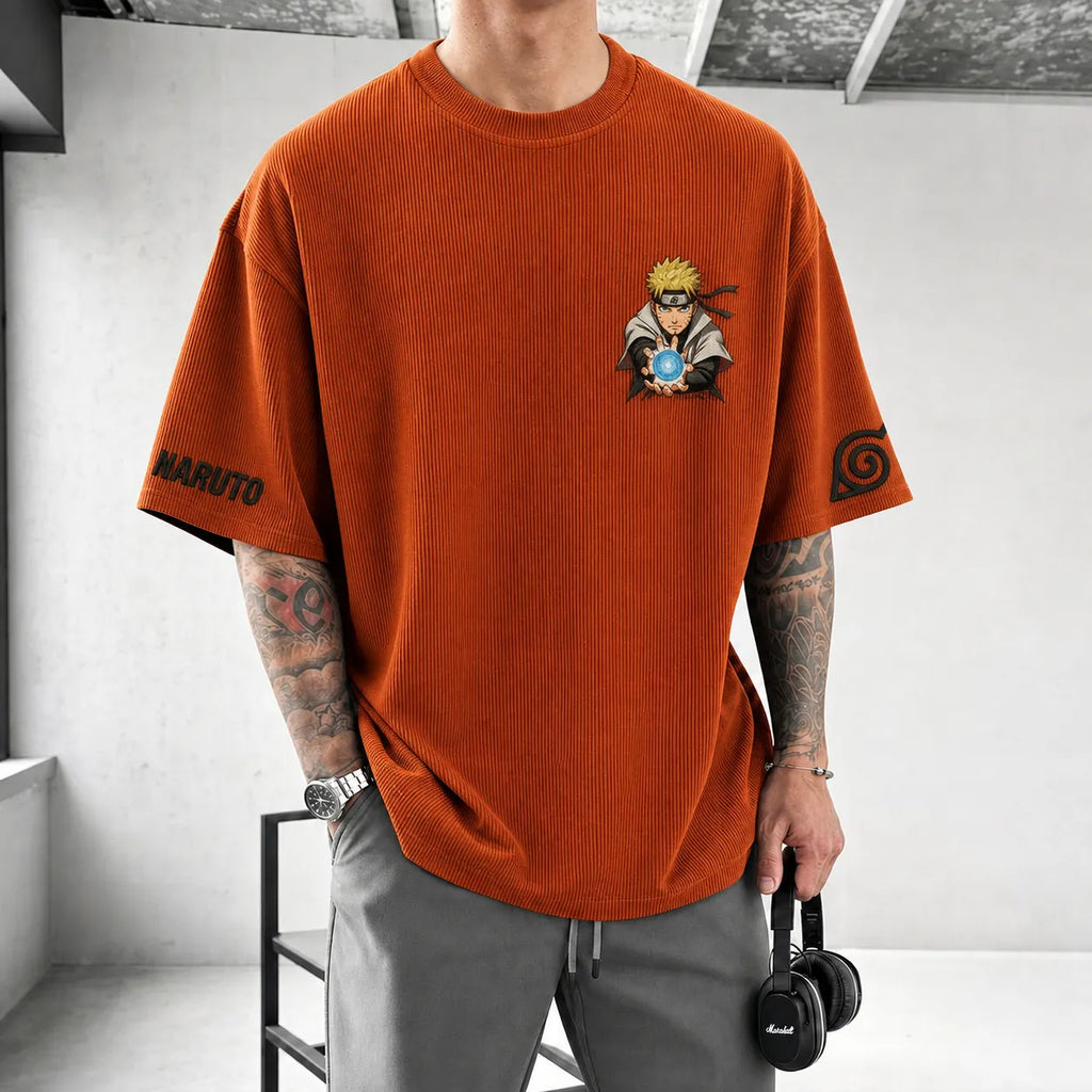 Unisex Anime-Style Retro Corduroy Oversized T-Shirt
