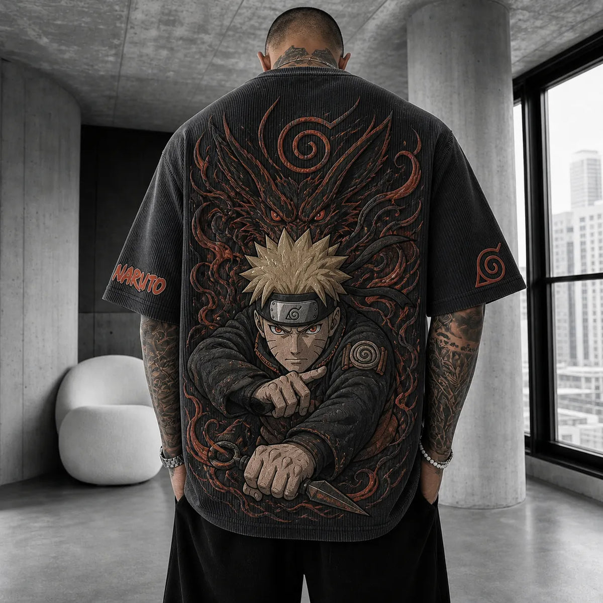 Unisex Anime-Style Retro Corduroy Oversized T-Shirt