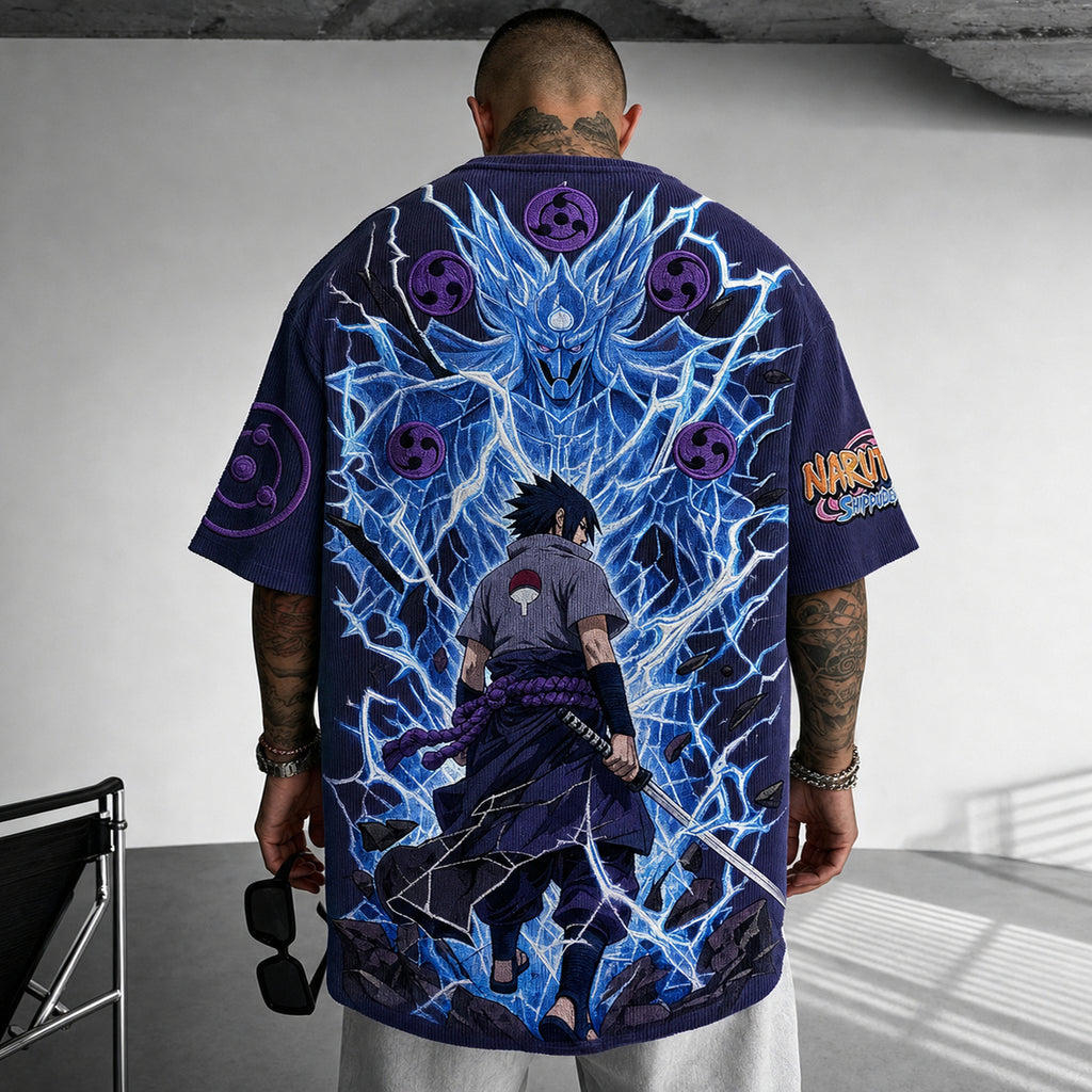 Unisex Oversized Anime-Print Vertical-Stripe Short-Sleeve T-Shirt