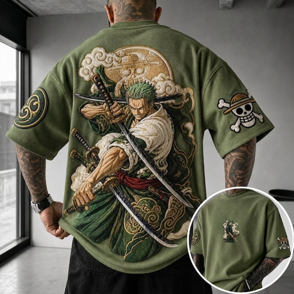 Unisex Anime-Style Retro Corduroy Oversized T-Shirt