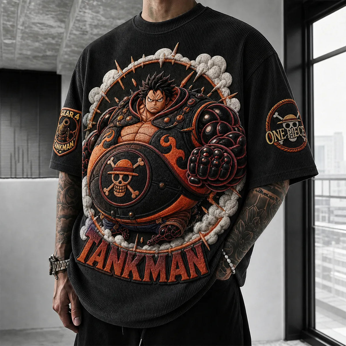 Unisex Short-Sleeve Corduroy T-Shirt With Anime Print