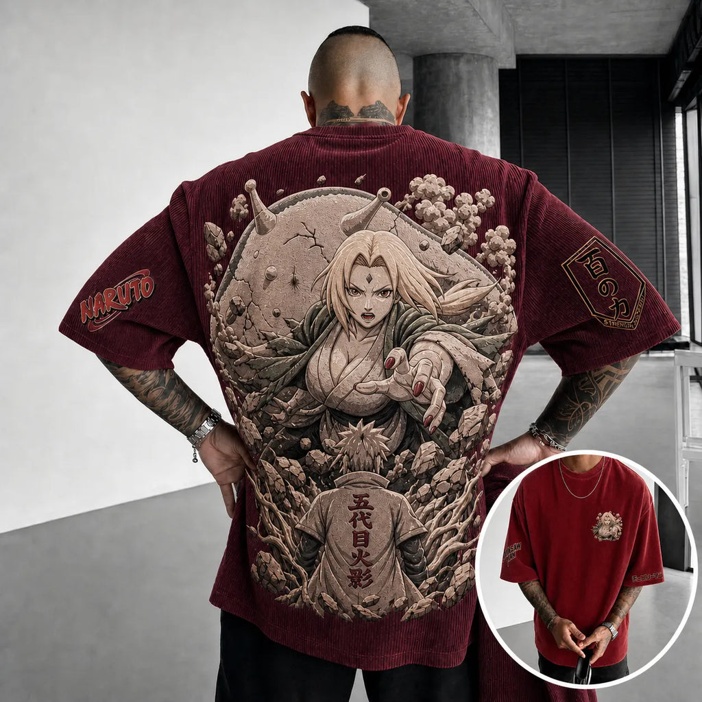 Unisex Anime-Style Retro Corduroy Oversized T-Shirt
