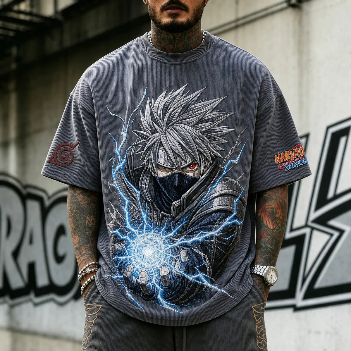 Unisex Oversized Anime-Print Vertical-Stripe Short-Sleeve T-Shirt