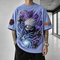 Unisex Oversized Anime-Print Vertical-Stripe Short-Sleeve T-Shirt
