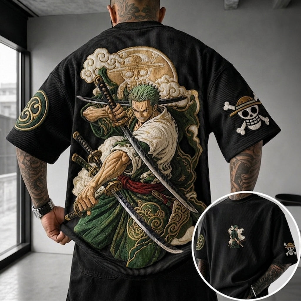 Unisex Anime-Style Retro Corduroy Oversized T-Shirt