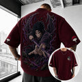 Unisex Oversized Anime-Print Vertical-Stripe Short-Sleeve T-Shirt