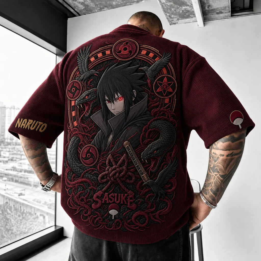 Unisex Anime-Style Retro Corduroy Oversized T-Shirt