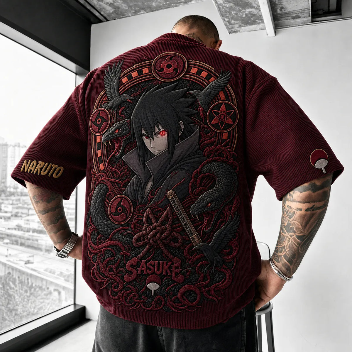 Unisex Anime-Style Retro Corduroy Oversized T-Shirt