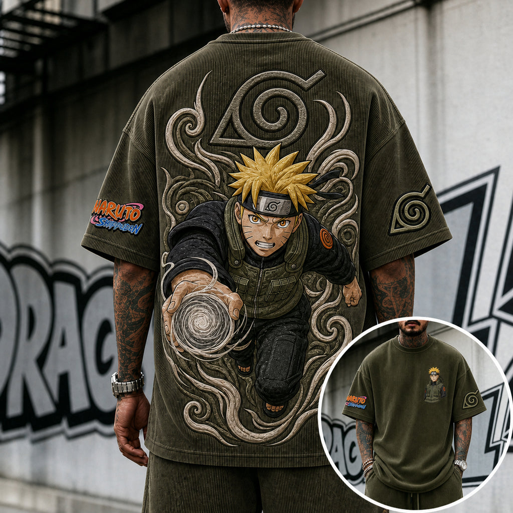 Unisex Anime-Style Retro Corduroy Oversized T-Shirt