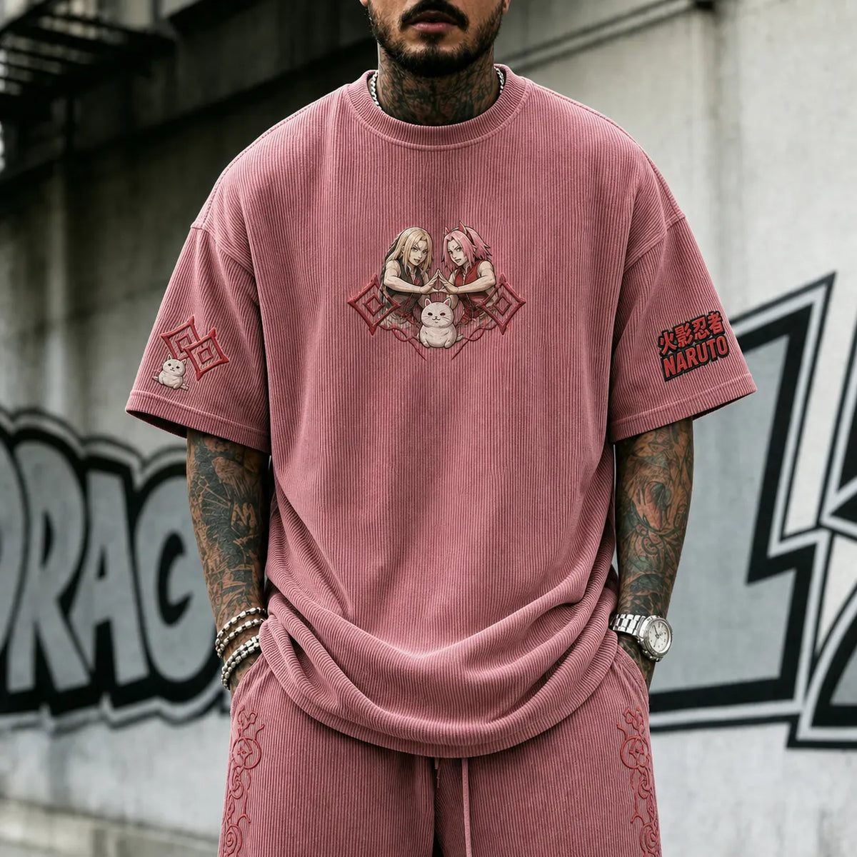 Unisex Anime-Style Retro Corduroy Oversized T-Shirt
