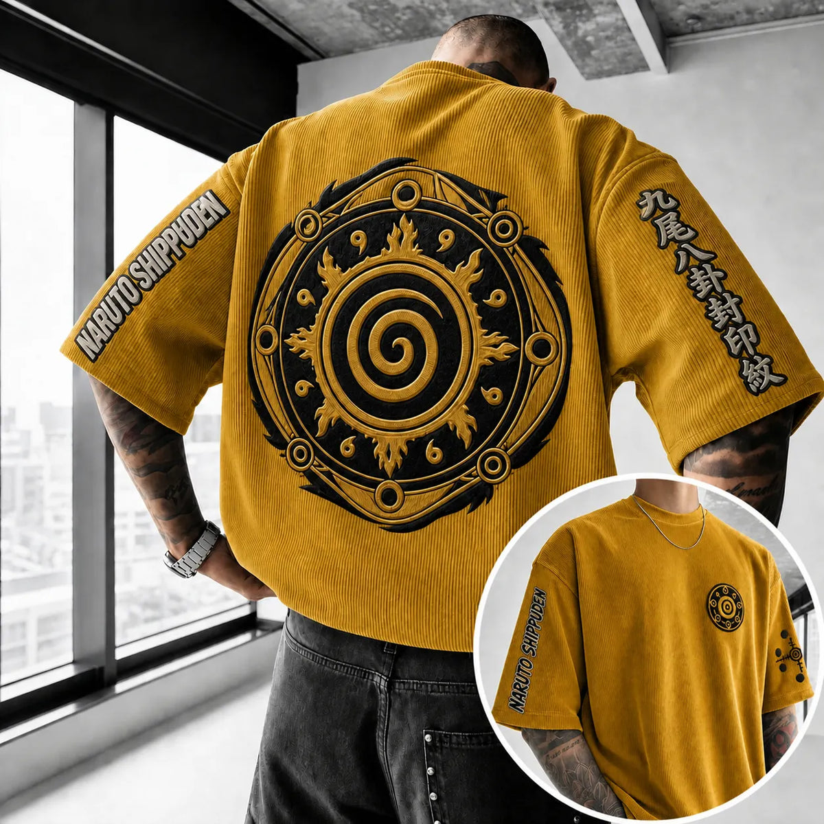 Unisex Anime-Style Retro Corduroy Oversized T-Shirt