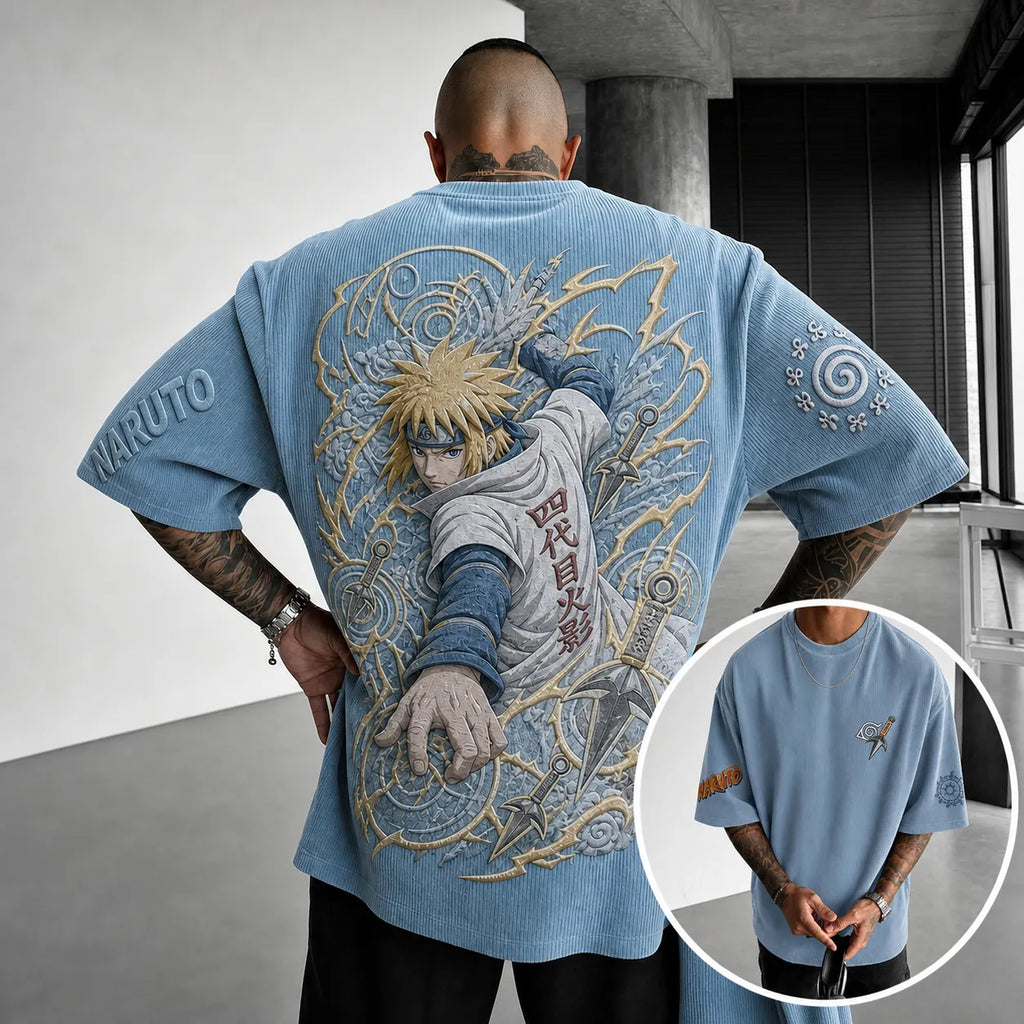 Unisex Anime-Style Retro Corduroy Oversized T-Shirt