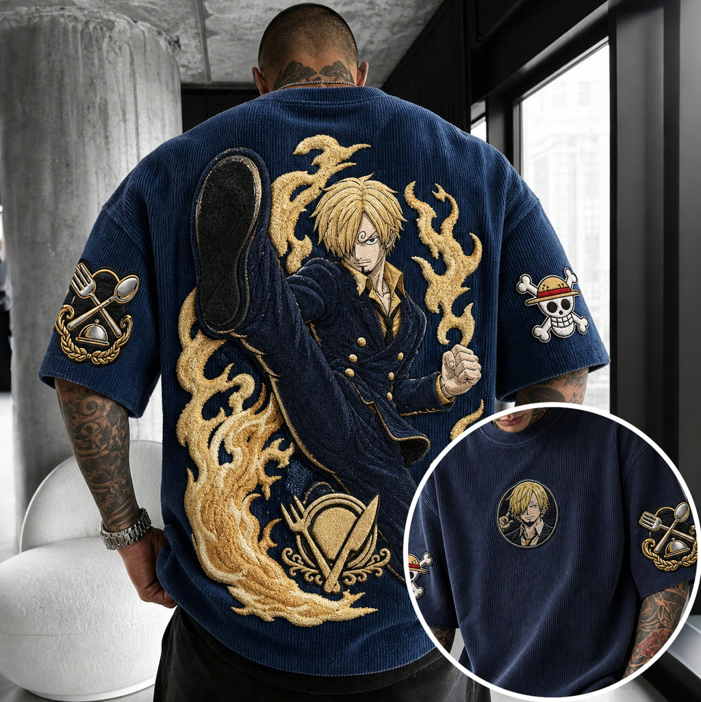 Unisex Anime-Style Retro Corduroy Oversized T-Shirt