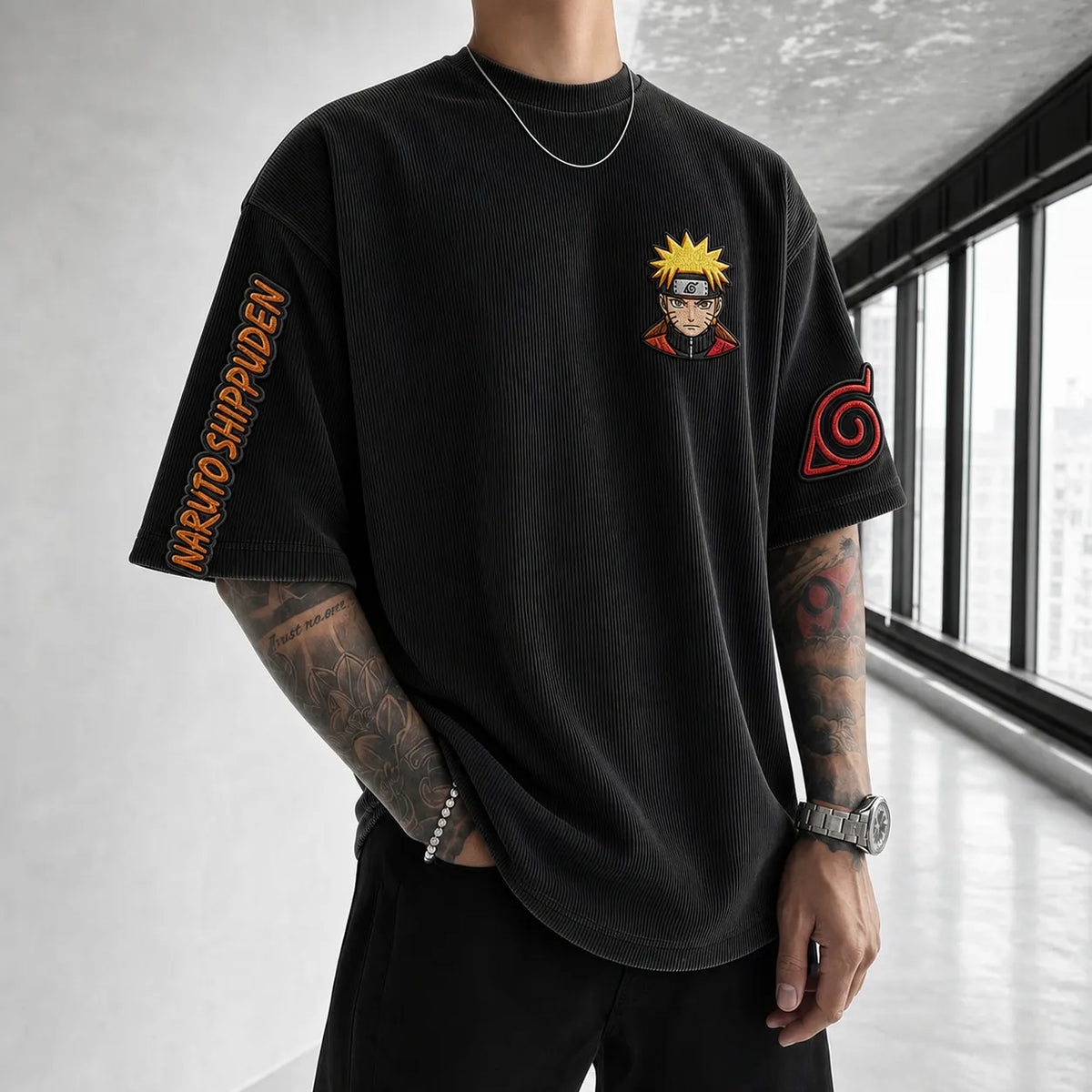 Unisex Anime-Style Retro Corduroy Oversized T-Shirt