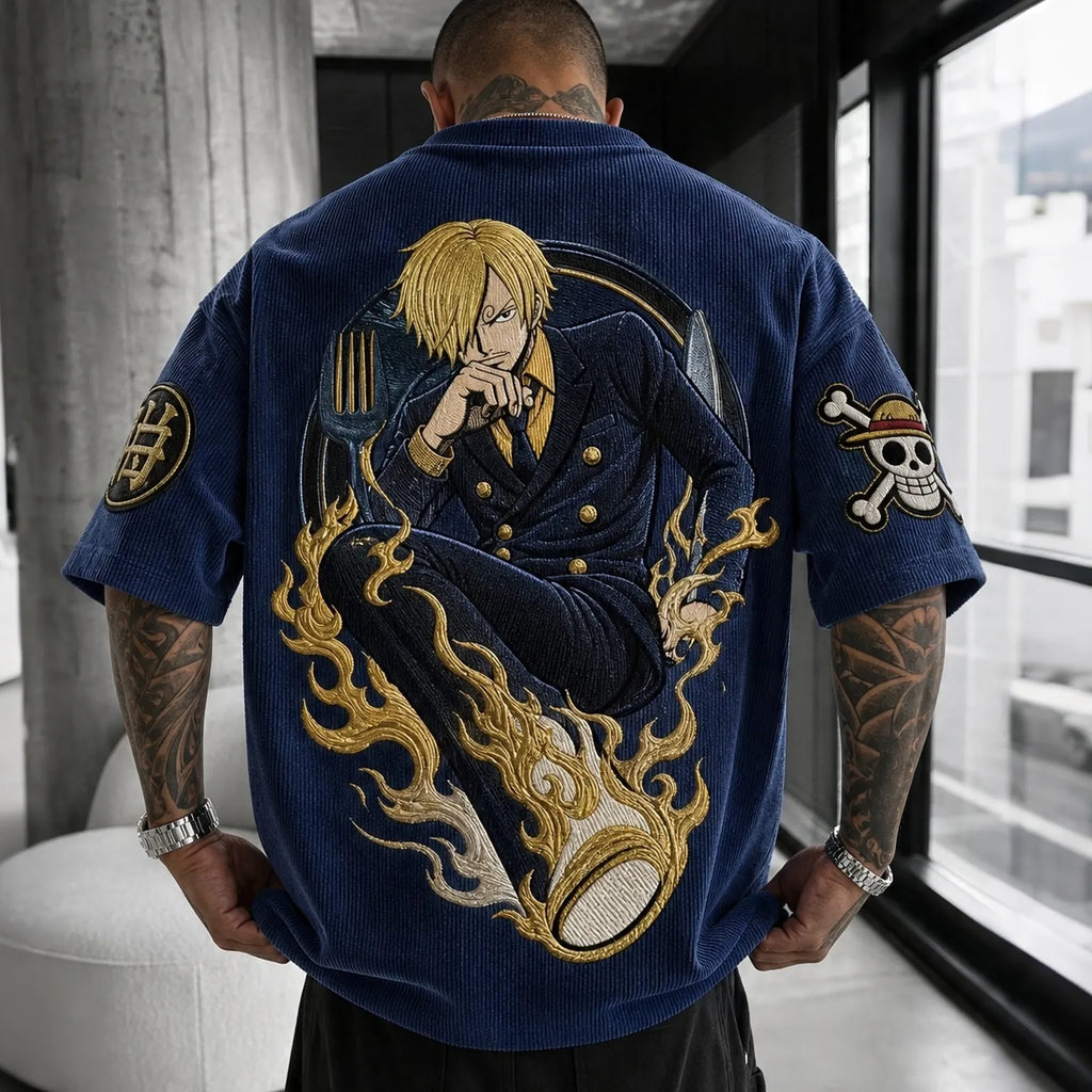 Unisex Anime-Style Retro Corduroy Oversized T-Shirt