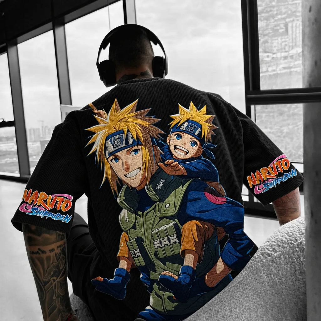 Unisex Anime-Style Retro Corduroy Oversized T-Shirt