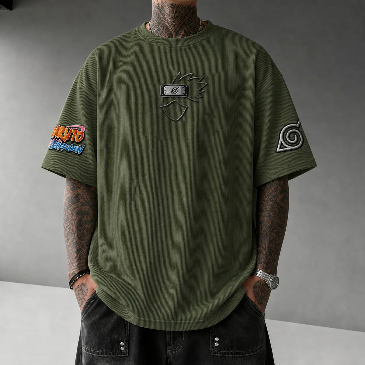 Unisex Anime-Style Retro Corduroy Oversized T-Shirt